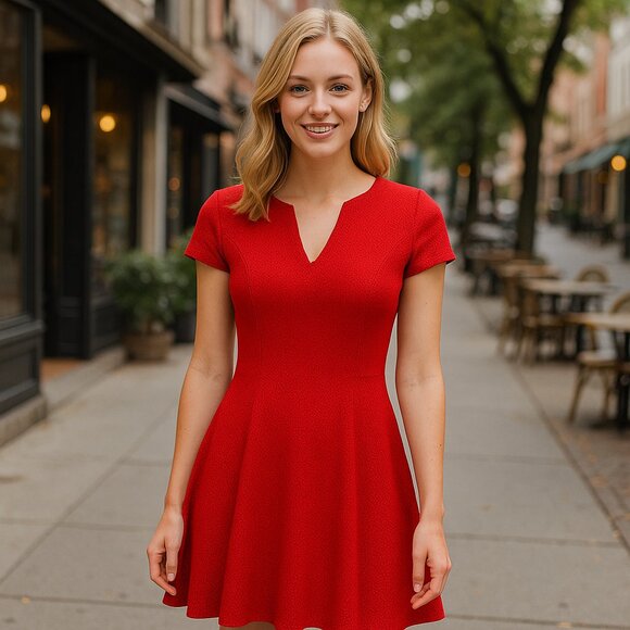 JULIA JORDAN  DRESS/Lined, Sz. 8, V-Neck/, Cap+ Sleve, Red, Flair Base - Picture 1 of 12